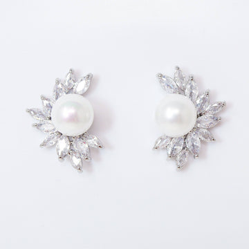 CZ Pearl Leaves Earrings, Bridal Jewelry, Bridal Stud Earrings, Crystal Bridal Earrings, Statement Earrings Cz